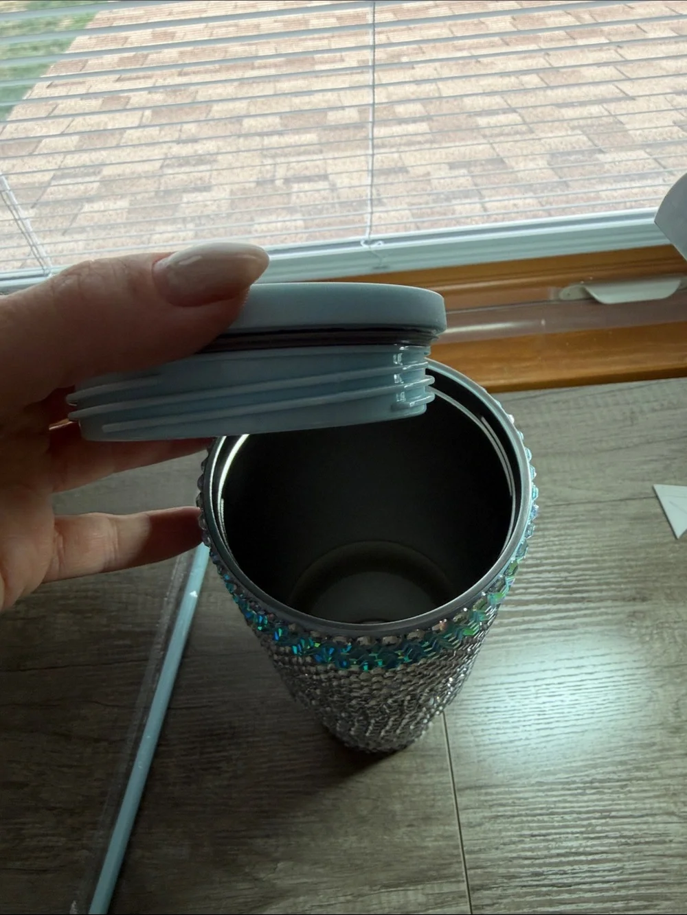 Crystal-Embellished Light Blue Travel Tumbler with Handle